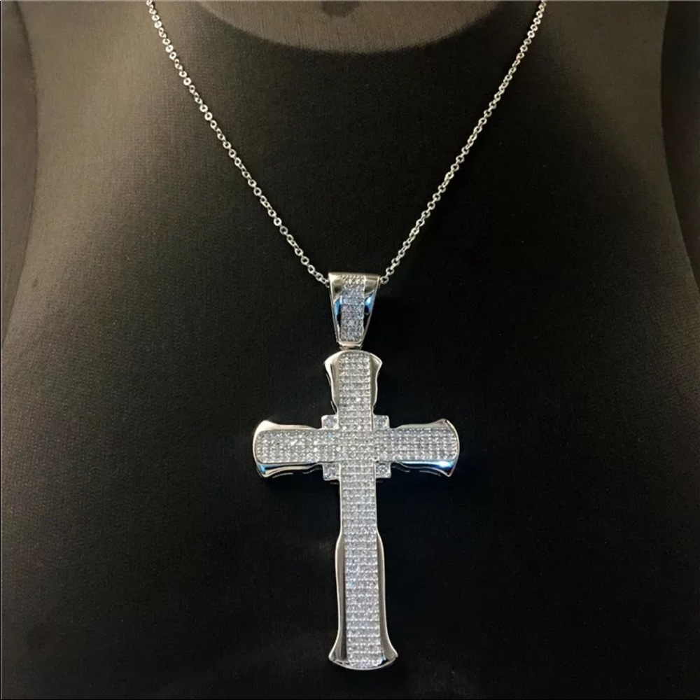 New Luxury 925 Silver Cross Men Women Diamond Necklace - Picture 2 of 16